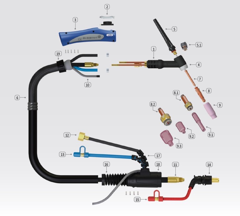 Hořák TIG T18 SGRIP MOST chlazený vodou pro svářečky PONTIG 300 a PONTIG 315