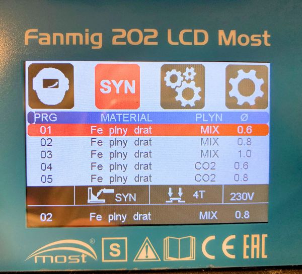 Svářečka FANMIG 202 LCD MOST - nastavení materiálu, drátu, plynu